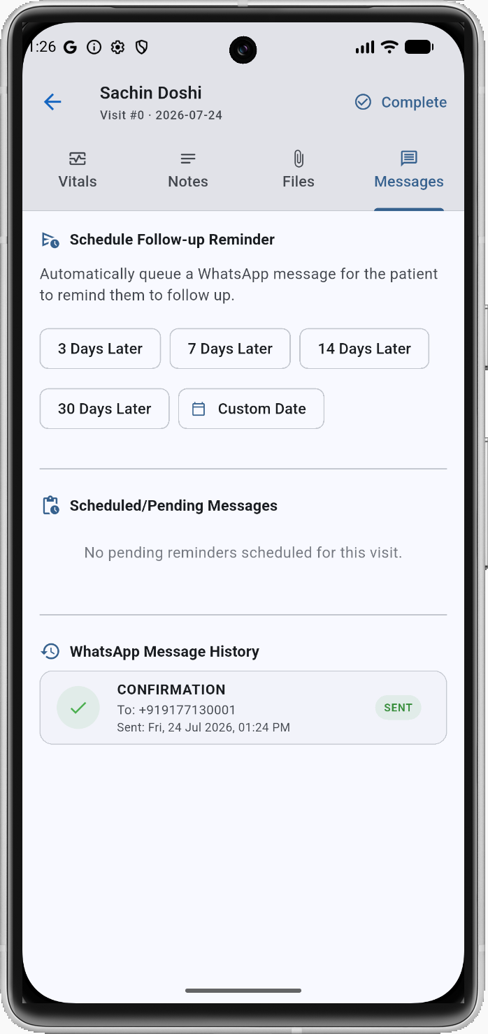 CaseIndex WhatsApp Reminders Screen